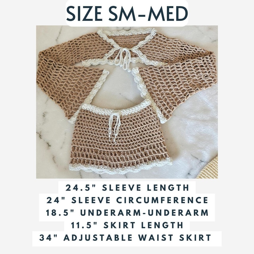 Handmade Crochet Festival Set, Bell Sleeve Front Tie Shrug & Mini Skirt, Taupe - Picture 2 of 14